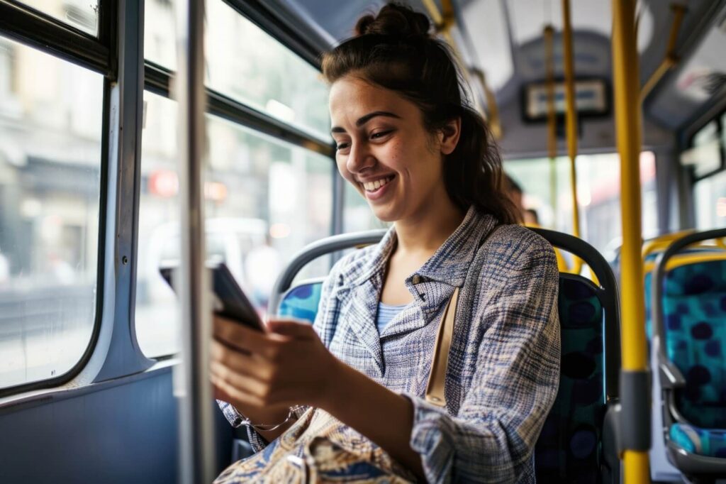 Imagem de usuaria de transporte da urbano na cidade de Piracicaba utilizando seu smartphone conctado ao Wi-Fi grátis oferecido pela empresa da Rapido Sumaré junto a Piramobilidade